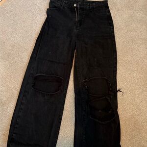 SHEIN Black Wide Leg Distressed Jeans